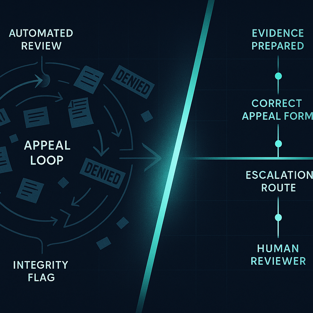 Platform Appeal Pros methodology diagram showing the contrast between automated review loops and evidence-prepared approach with human reviewers